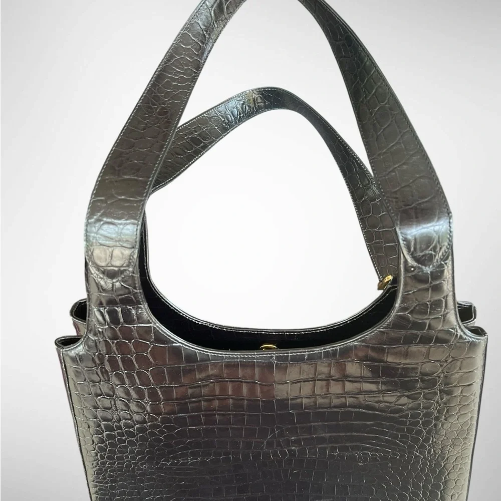 Salvatore Ferragamo Black Crocodile-Embossed Shoulder Bag